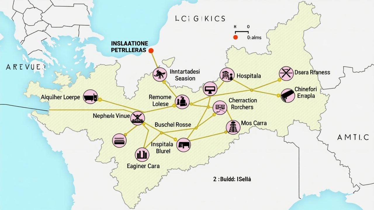 Panorámica de una región petrolera con infraestructura y comunidad local integradas armoniosamente